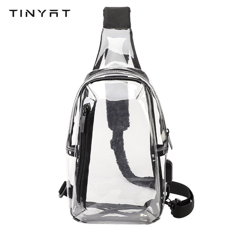 Tinyat Clear Sling Bag with USB Charging PVC Waterproof Crossbody Shoulder Bag for Men Women