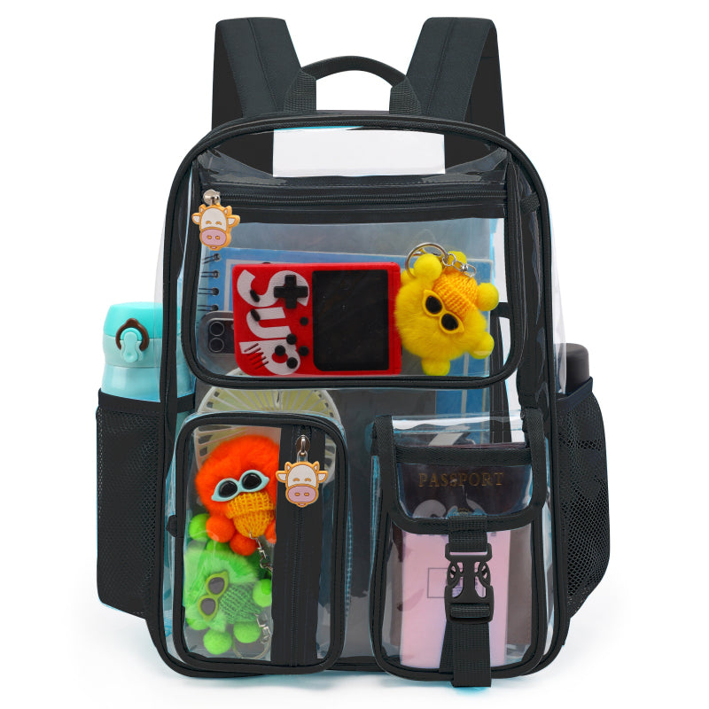 Tinyat Clear Backpack Heavy Duty Large Waterproof Transparent Stadium Approved School Bookbag 6-Pockets Clear Bag