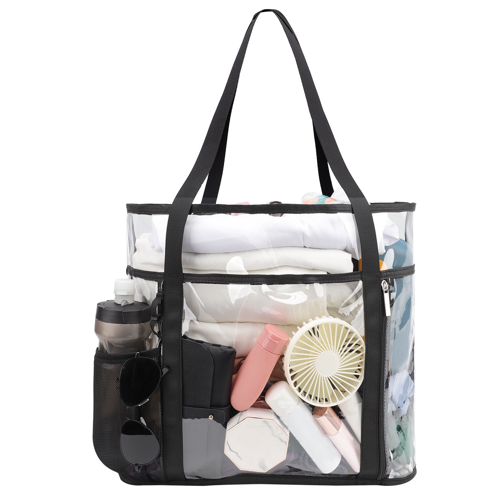 Tinyat Extra Large Beach Bag for Women Clear Tote Bag Mesh Pvc Bag 7-Pockets for Seaside Pool Picnic Black