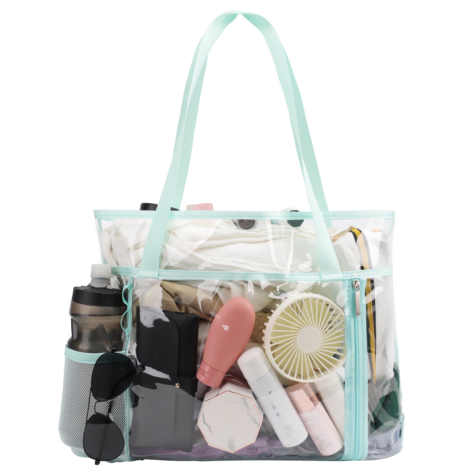 Tinyat Mesh Tote Bag for Women Extra Large Clear Tote Bag Pvc Bag 5-Pockets for Seaside Pool Picnic Black