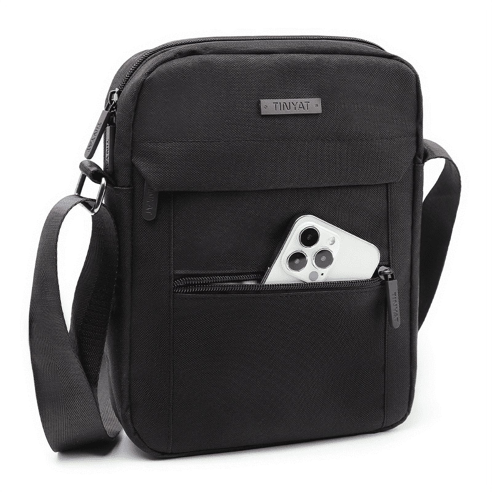 Tinyat Mens Shoulder Sling Bags 9 Pockets Messenger Business Crossbody Bags for Office Work Black